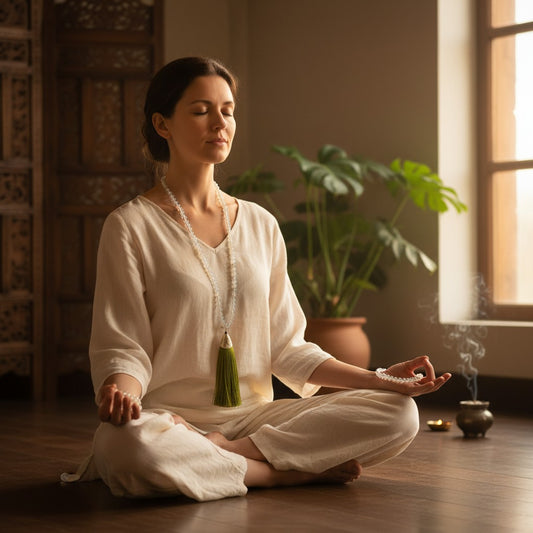 Opalite Bead Mala with Green Silk Tassel around the neck of a female model seated in the lotus position practicing meditation.