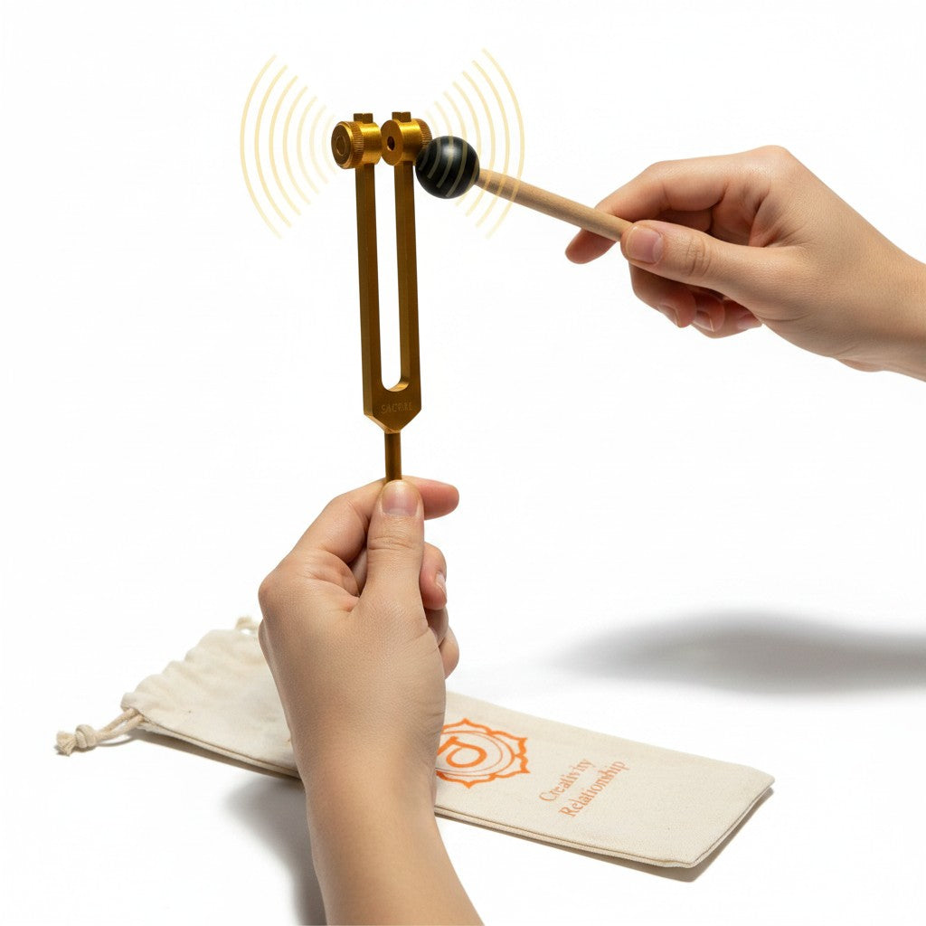 Orange Sacral Chakra Aluminum Tuning Fork with Silencers 210.42 Hz on a white background in close up detail being held by hands and struck showing sound waves.