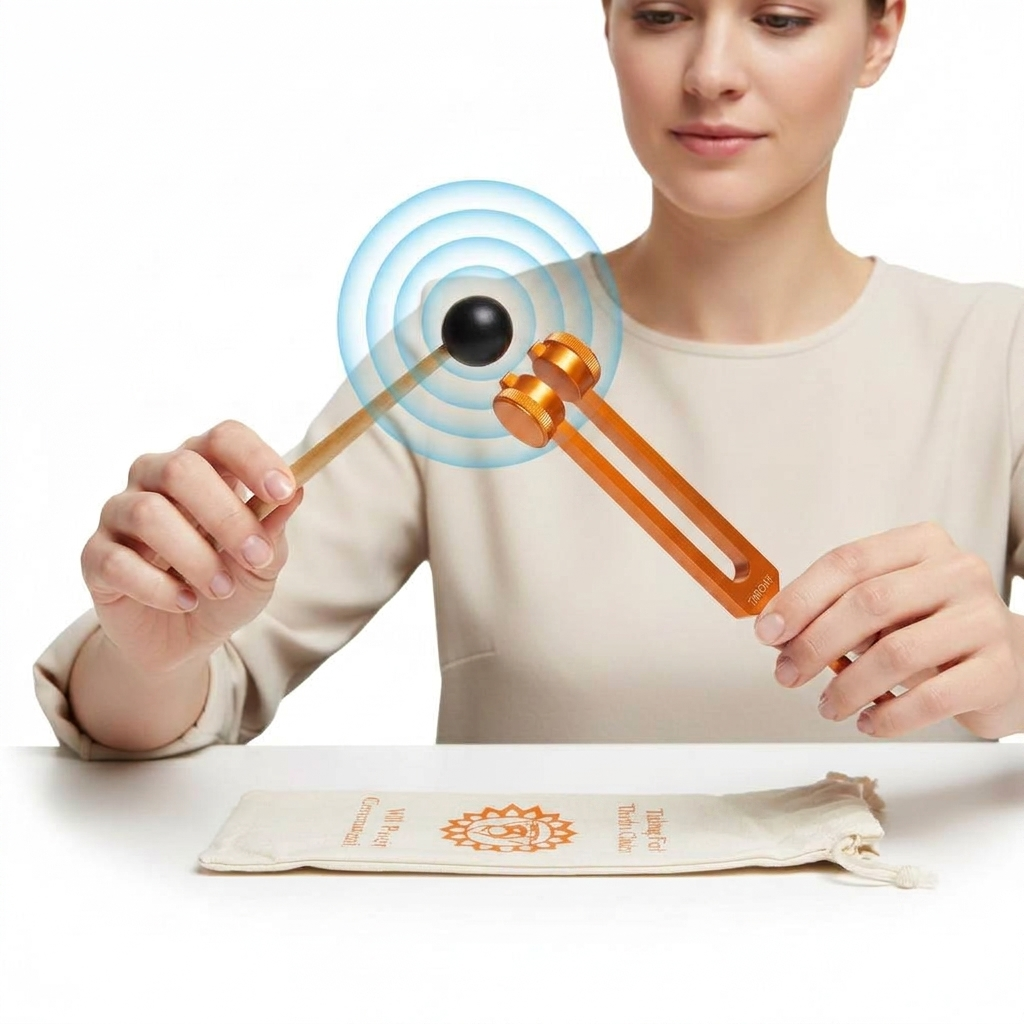 Orange Sacral Chakra Aluminum Tuning Fork with Silencers 210.42 Hz being held by a female model and actively struck showing sound waves.