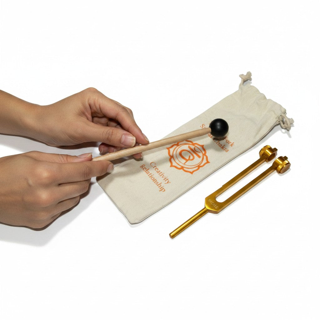 Orange Sacral Chakra Aluminum Tuning Fork with Silencers 210.42 Hz on a white background held by hands showing close up fork, striker and pouch detail.