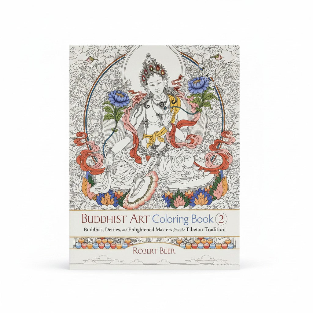 Oriental Sacred Buddha Mentally Relaxing Adult Coloring Book on a white background showing front cover design in close up detail.
