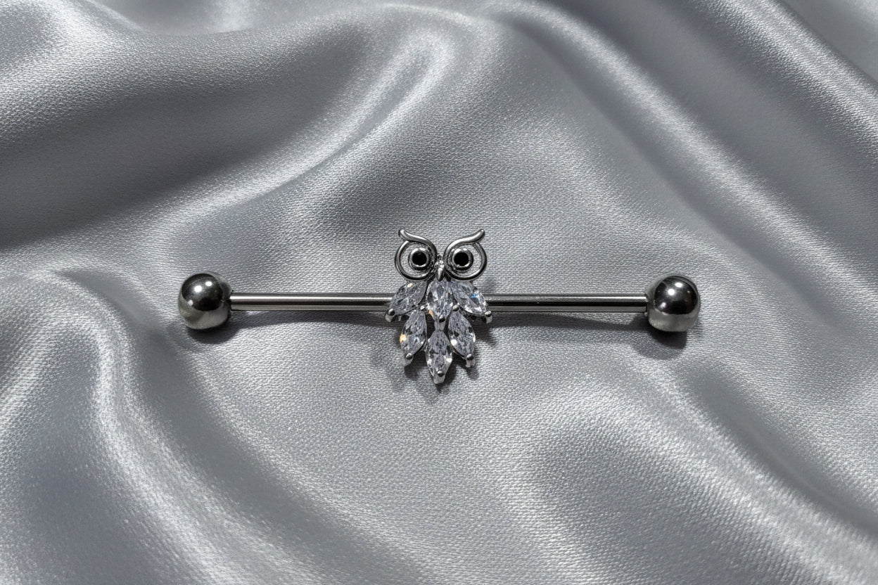 Owl Industrial Ear Barbell in 316l stainless steel close up detail