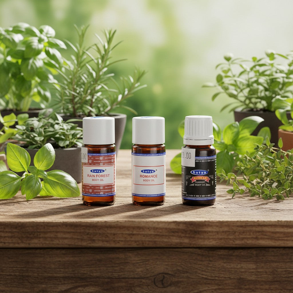 Peaceful Passion Essential Oil Blends 3 Pack Special on a wooden table in an outdoor herb garden.