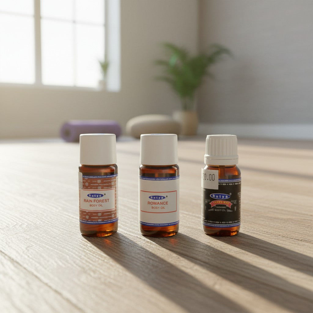 Peaceful Passion Essential Oil Blends 3 Pack Special on a wooden surface in a yoga studio.