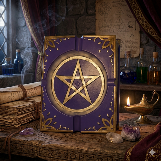 Pagan Journal with Pentagram Resin Ash Tray & Incense Burner with Free Incense in a mystic wizard's castle setting.