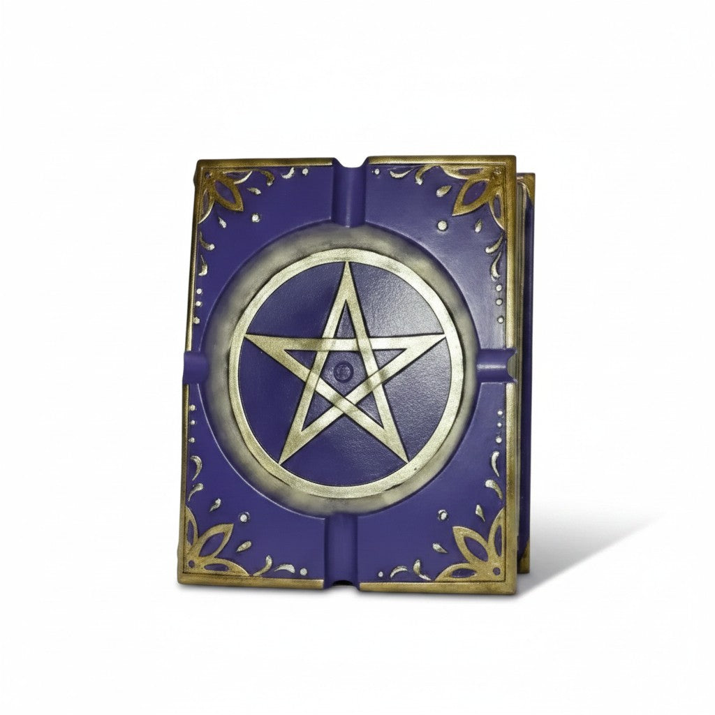 Pagan Journal with Pentagram Resin Ash Tray & Incense Burner with Free Incense on a white background showing close up pentagram design detail.