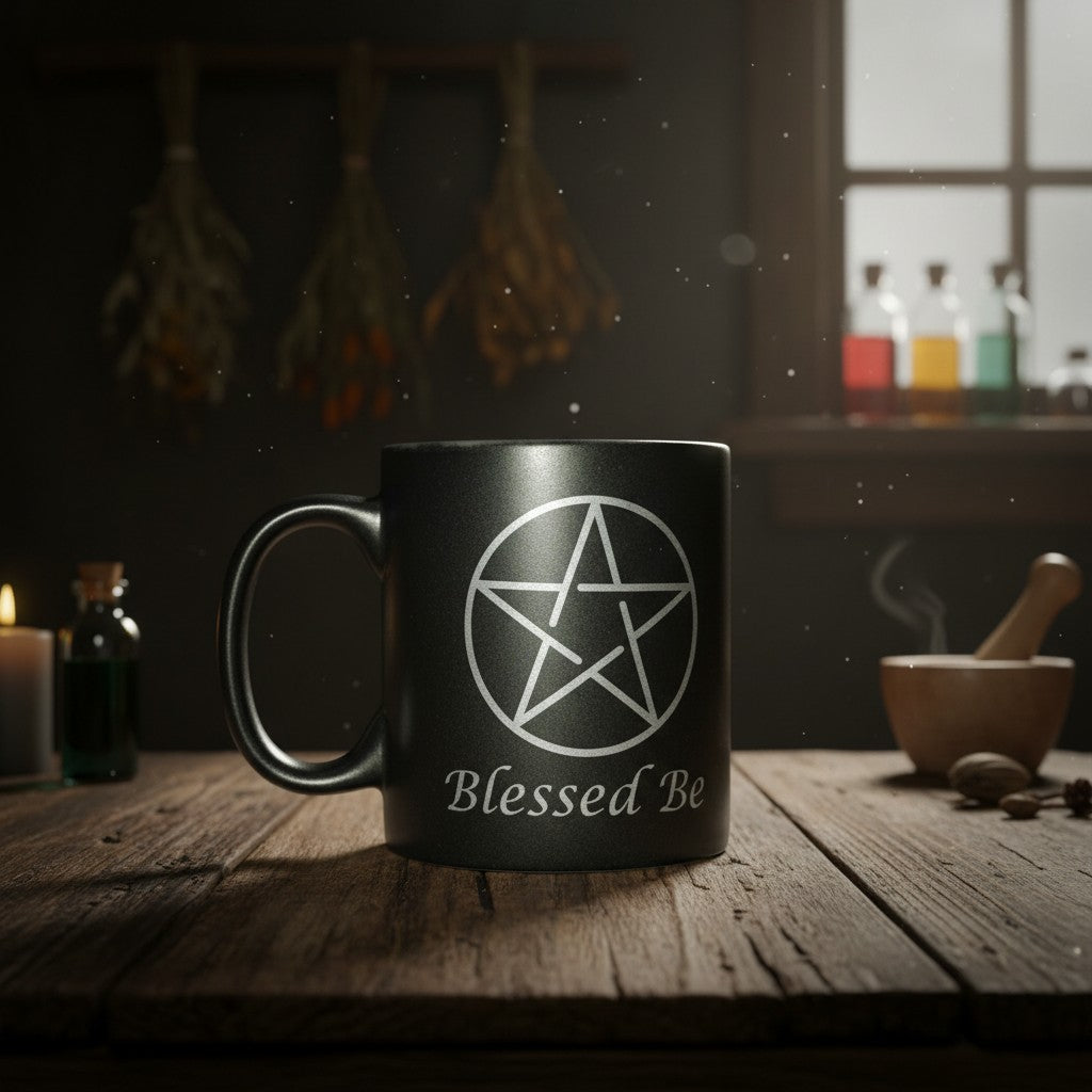 Pentagram Blessed Be Black Ceramic Spiritual Coffee Mug on a wooden table in a mystic sacred space.