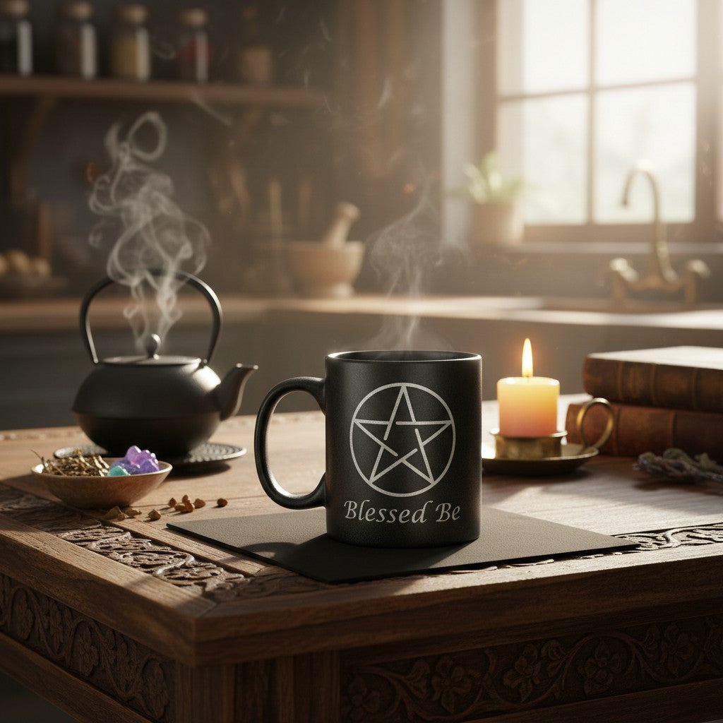 Pentagram Blessed Be Black Ceramic Spiritual Coffee Mug on a wooden table in a mystic kitchen with vapor rising from the cup.