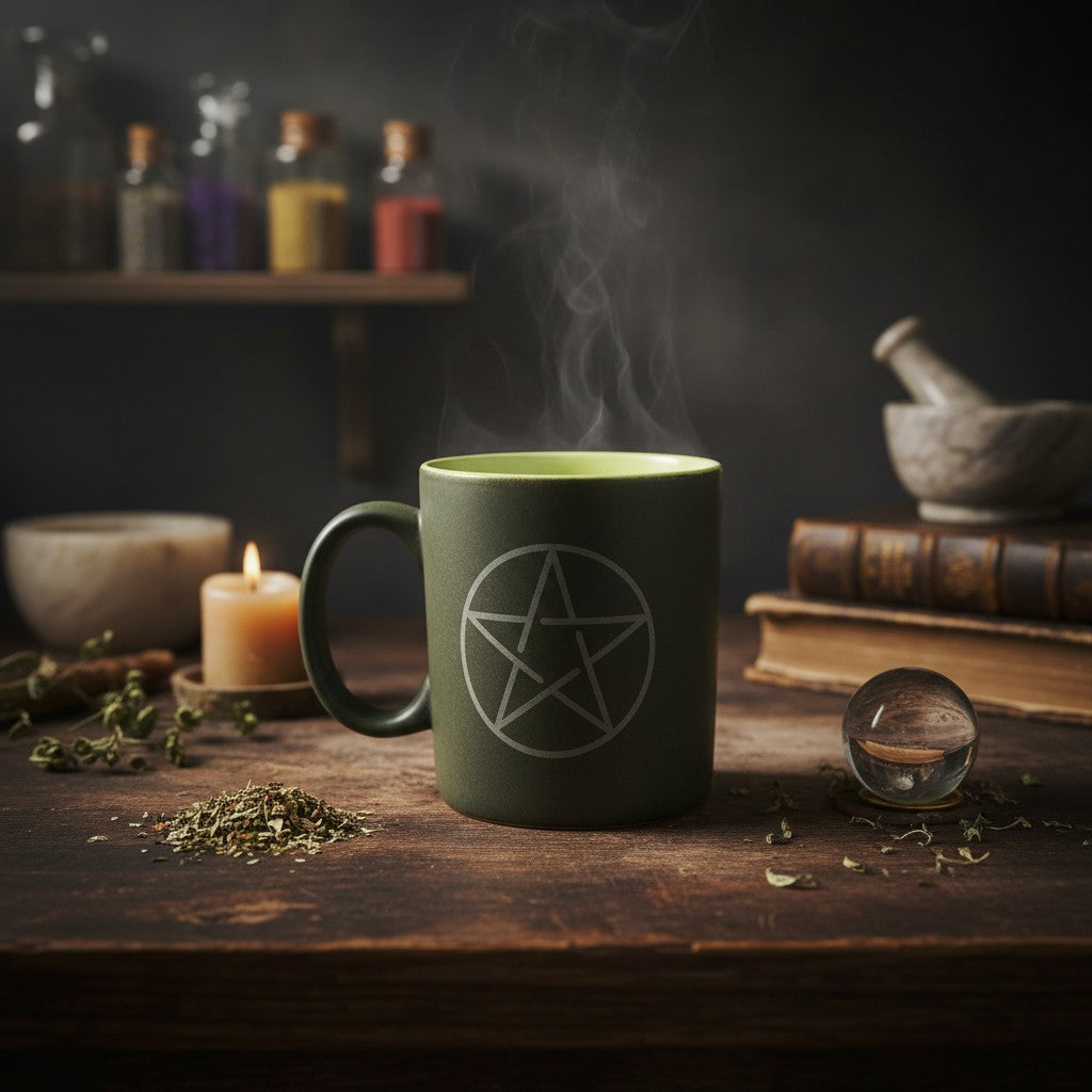 Pentagram Symbol Black Ceramic Spiritual Coffee Mug on a wooden table in a mystic sacred space with vapor rising from the cup.