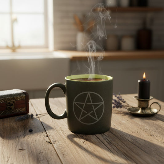 Pentagram Symbol Black Ceramic Spiritual Coffee Mug on a wooden table in a mystic kitchen with cup full of coffee and vapor rising from the cup.