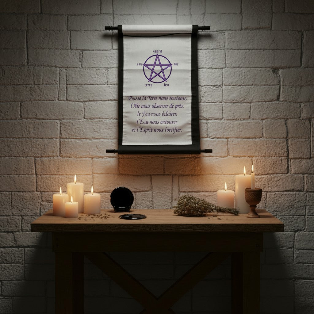 Purple Pentagram with French Elements Blessing Black Wall Tapestry hanging on a wall in a mystic sacred space.