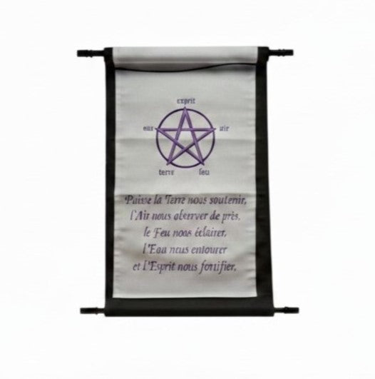 Purple Pentagram with French Elements Blessing Black Wall Tapestry on a white background showing full purple symbol and script design detail.