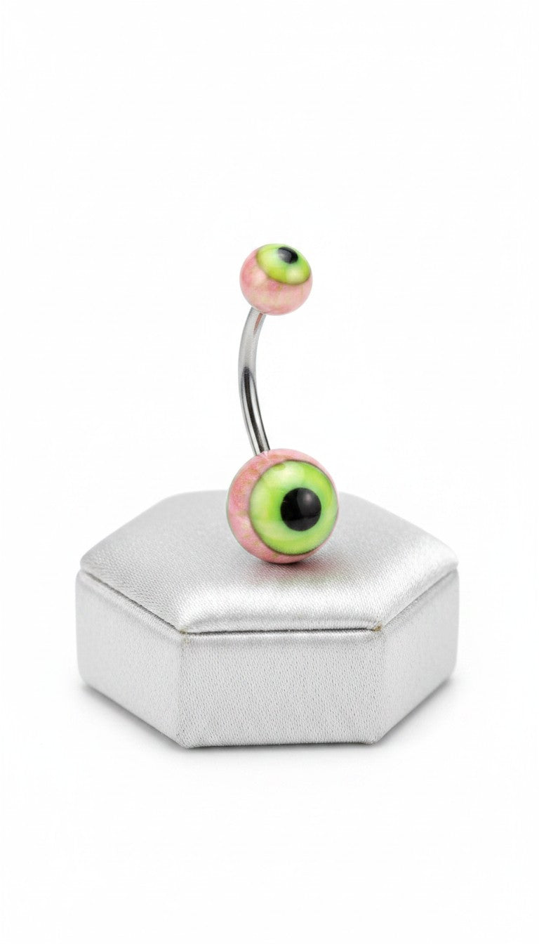 Pink Eyeball Acrylic Belly Button Ring  316l stainless steel on a silver jewelry display upright angle.