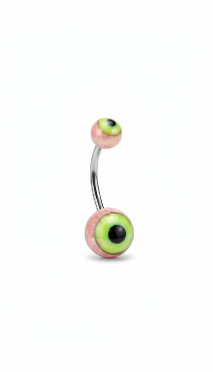 Pink Eyeball Acrylic Belly Button Ring  316l stainless steel on a white background.