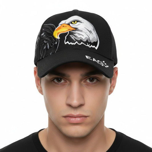 Proud Bald Eagle Adjustable Black Baseball Cap with a white background on a male model front profile.