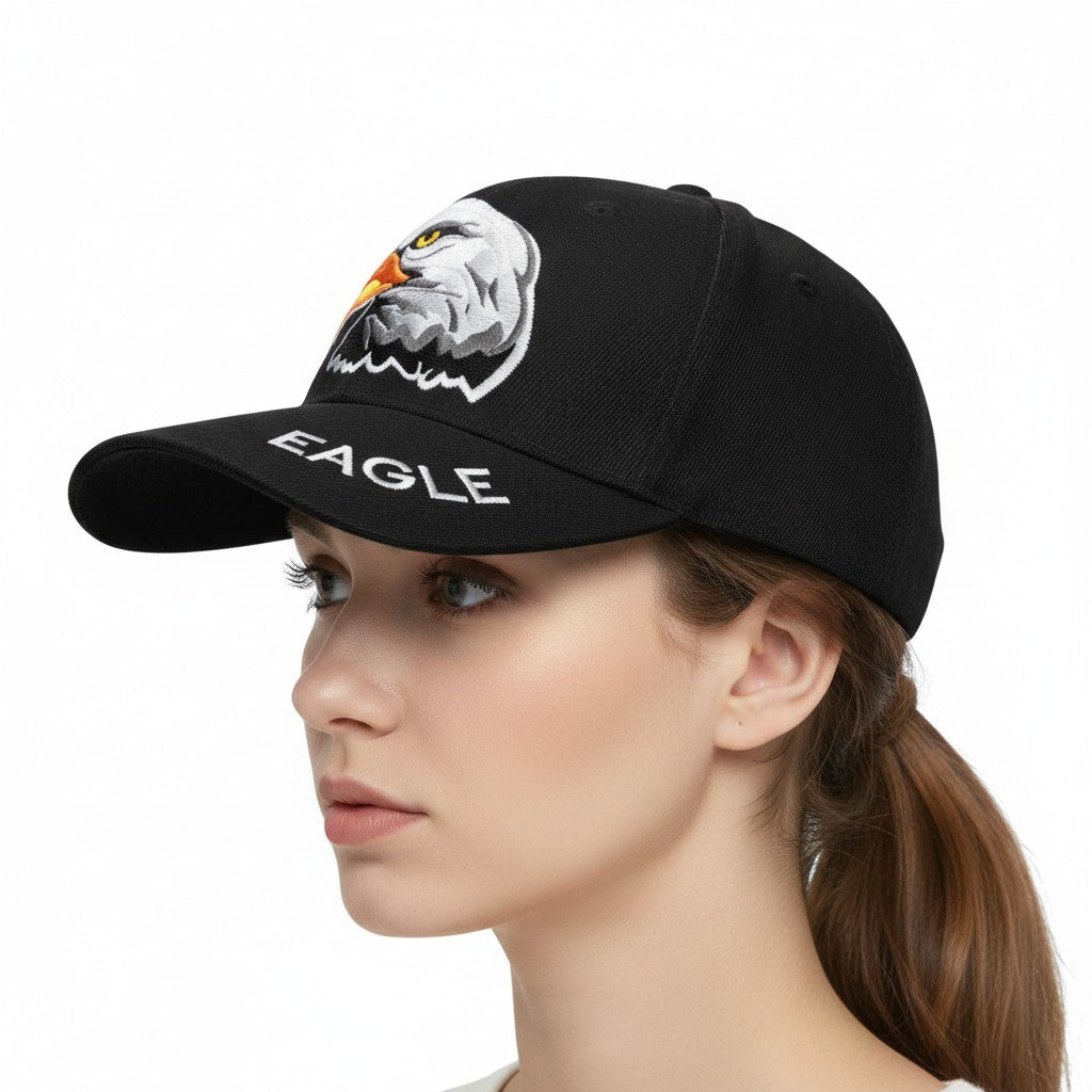 Proud Bald Eagle Adjustable Black Baseball Cap with a white background on a female model side profile.