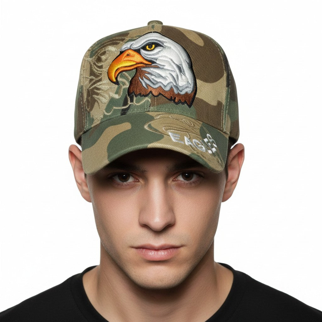 Proud Bald Eagle Adjustable Camouflage Baseball Cap with a white background on a male model front profile.