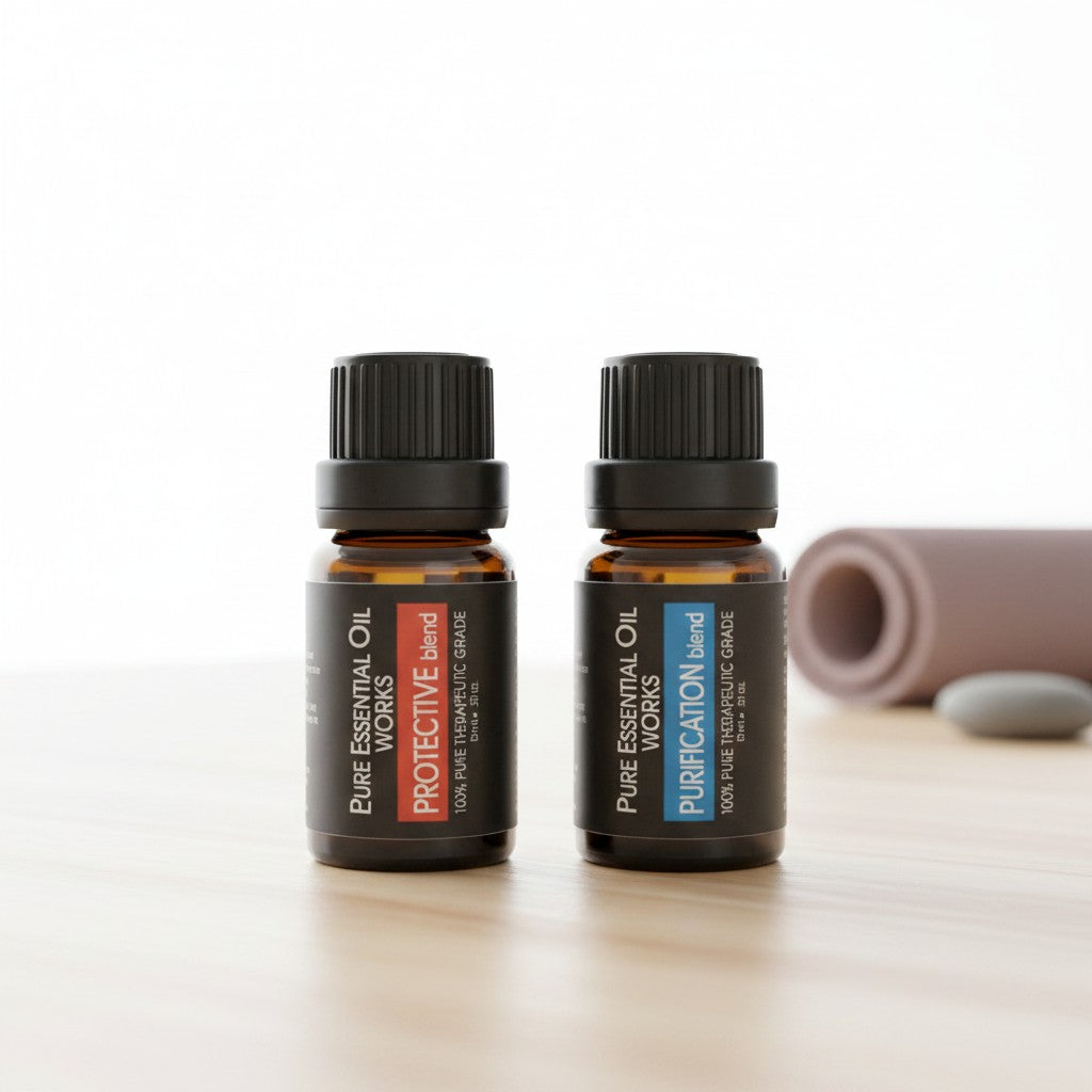 Purification & Protection Essential Oil Blends 2 Pack Special on a wooden surface in a yoga studio.