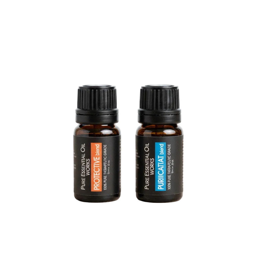 Purification & Protection Essential Oil Blends 2 Pack Special on a white background close up detail.