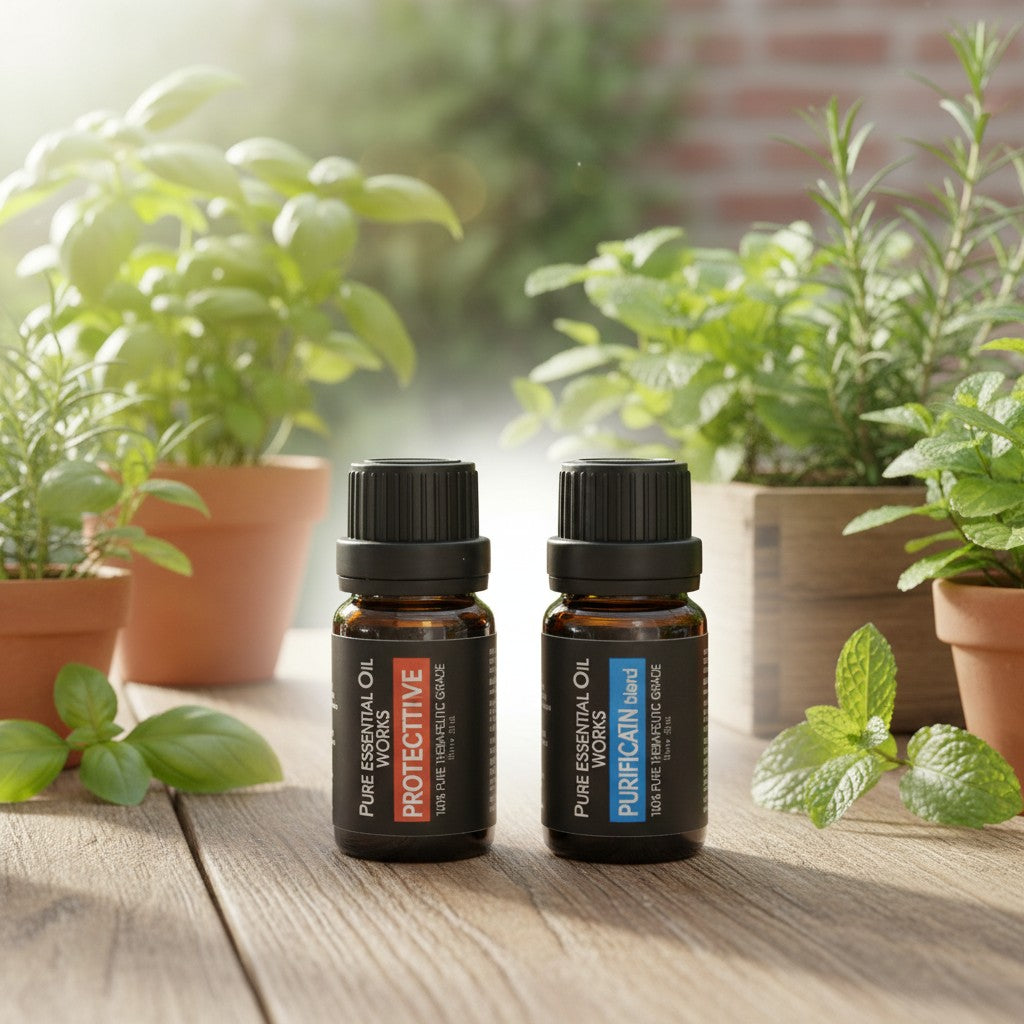 Purification & Protection Essential Oil Blends 2 Pack Special on a wooden table in an outdoor herb garden.
