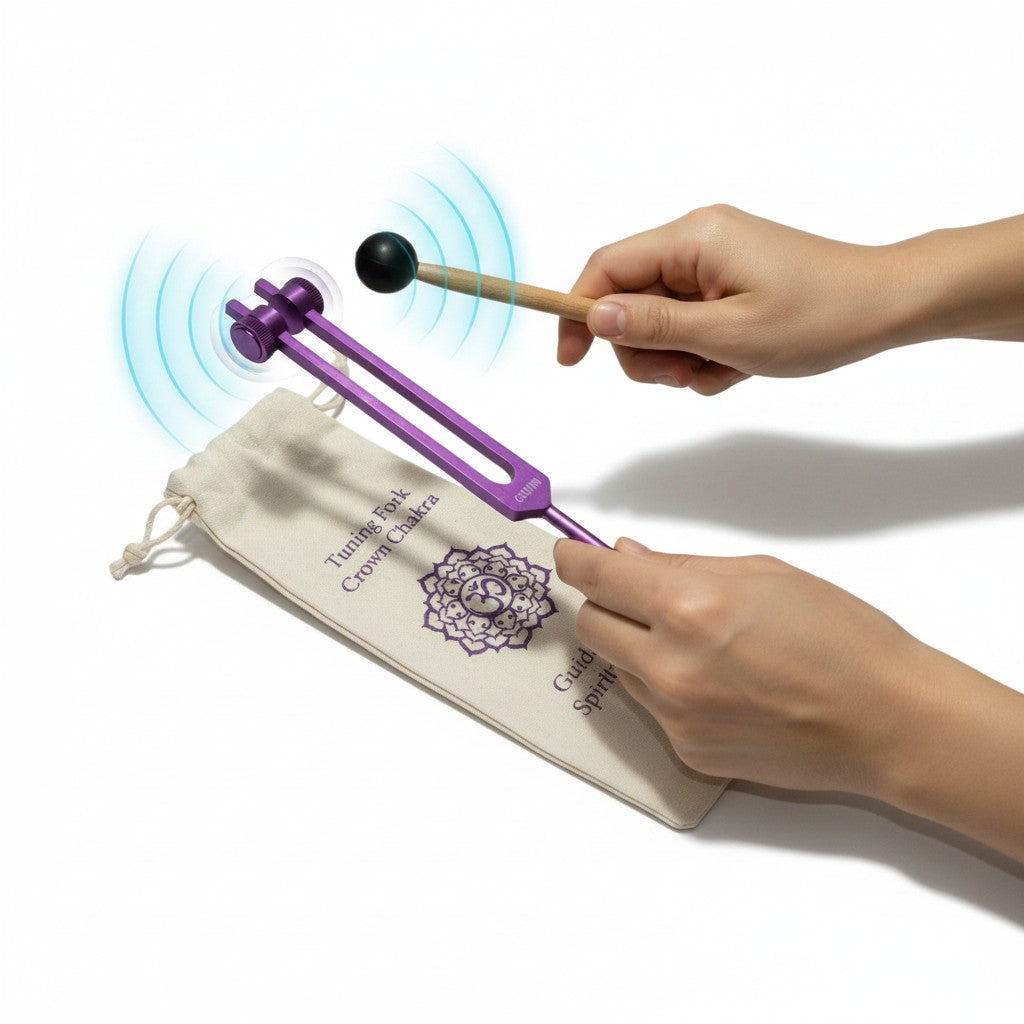 Purple Crown Chakra Aluminum Tuning Fork With Silencers 172.06 Hz on a white background in close up detail being held by hands and struck showing sound waves.