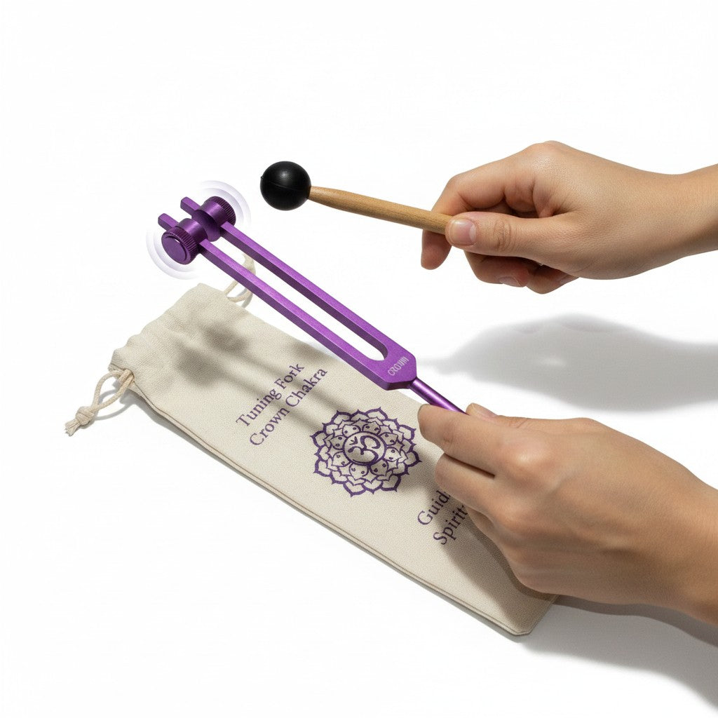 Purple Crown Chakra Aluminum Tuning Fork With Silencers 172.06 Hz on a white background held by hands showing close up fork, striker and pouch detail.
