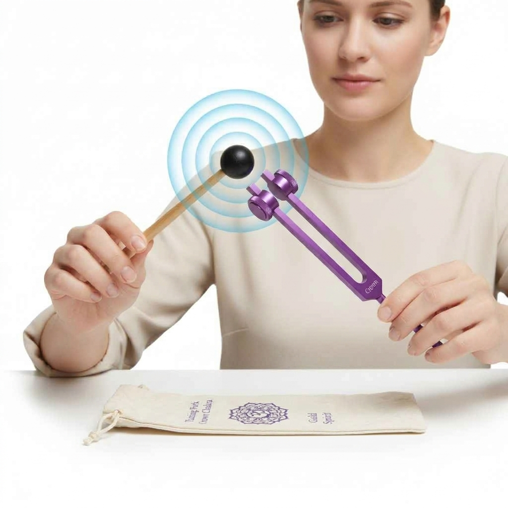 Purple Crown Chakra Aluminum Tuning Fork With Silencers 172.06 Hz being held by a female model and actively struck showing sound waves.