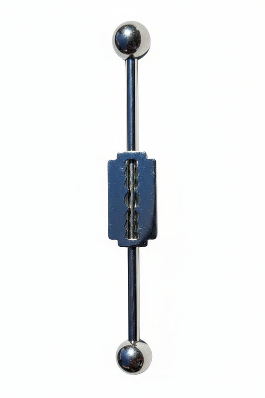 Razor Blade Industrial Ear Barbell in 316l stainless steel vertical angle