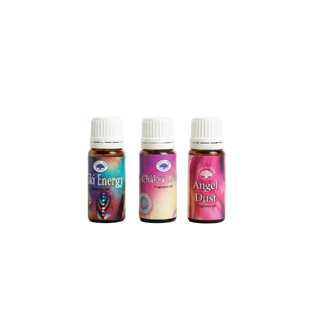 Reiki Power Essential Oil Blends 3 Pack Special on a white background close up detail.