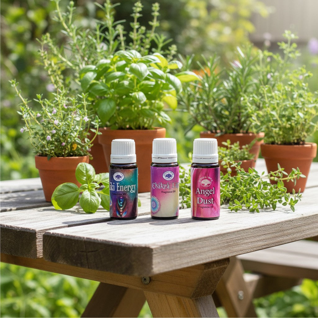 Reiki Power Essential Oil Blends 3 Pack Special on a wooden table in an outdoor herb garden.
