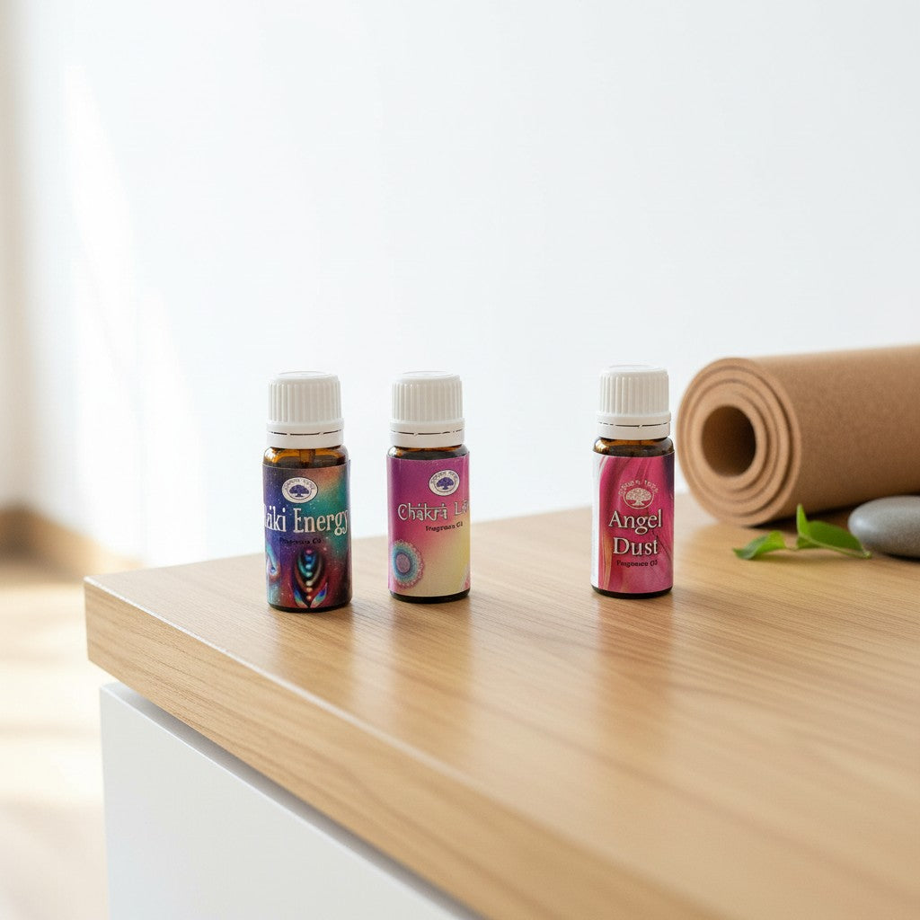 Reiki Power Essential Oil Blends 3 Pack Special on a wooden counter in a yoga studio.