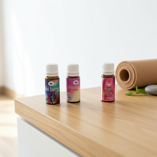 Reiki Power Essential Oil Blends 3 Pack Special on a wooden counter in a yoga studio.