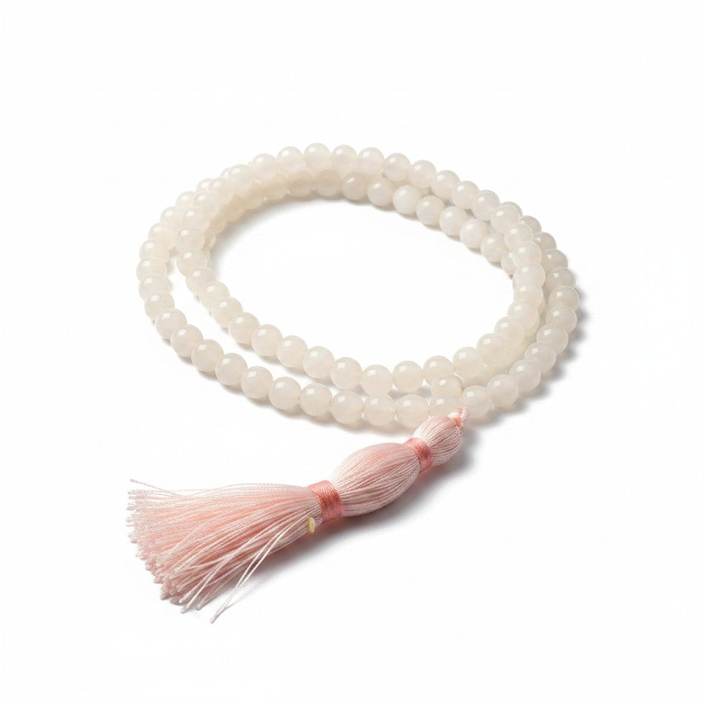 Rose Quartz Bead Mala with Pink Silk Tassel on a white background showing bead and tassel detail.