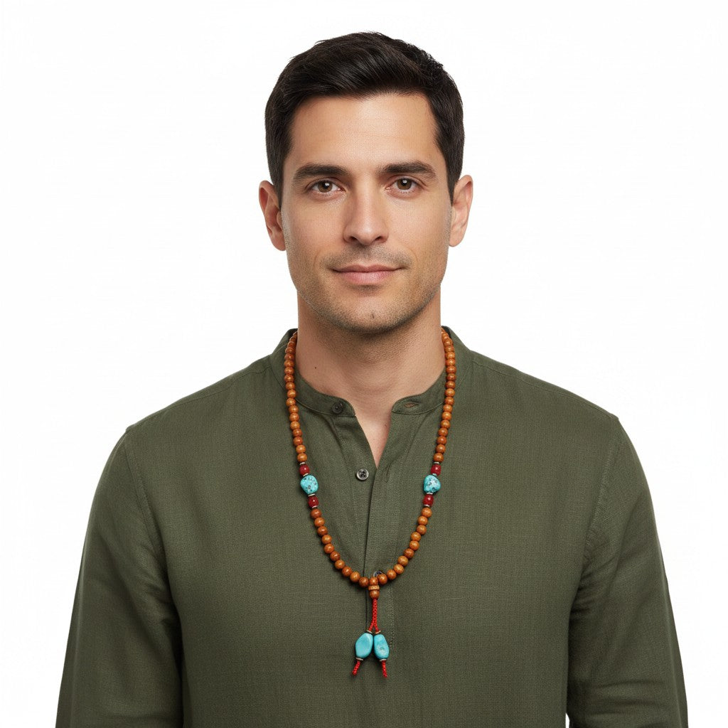 Rosewood and Turquoise Bead Mala with Turquoise Beaded Tassel around the neck of a male model worn as a necklace.