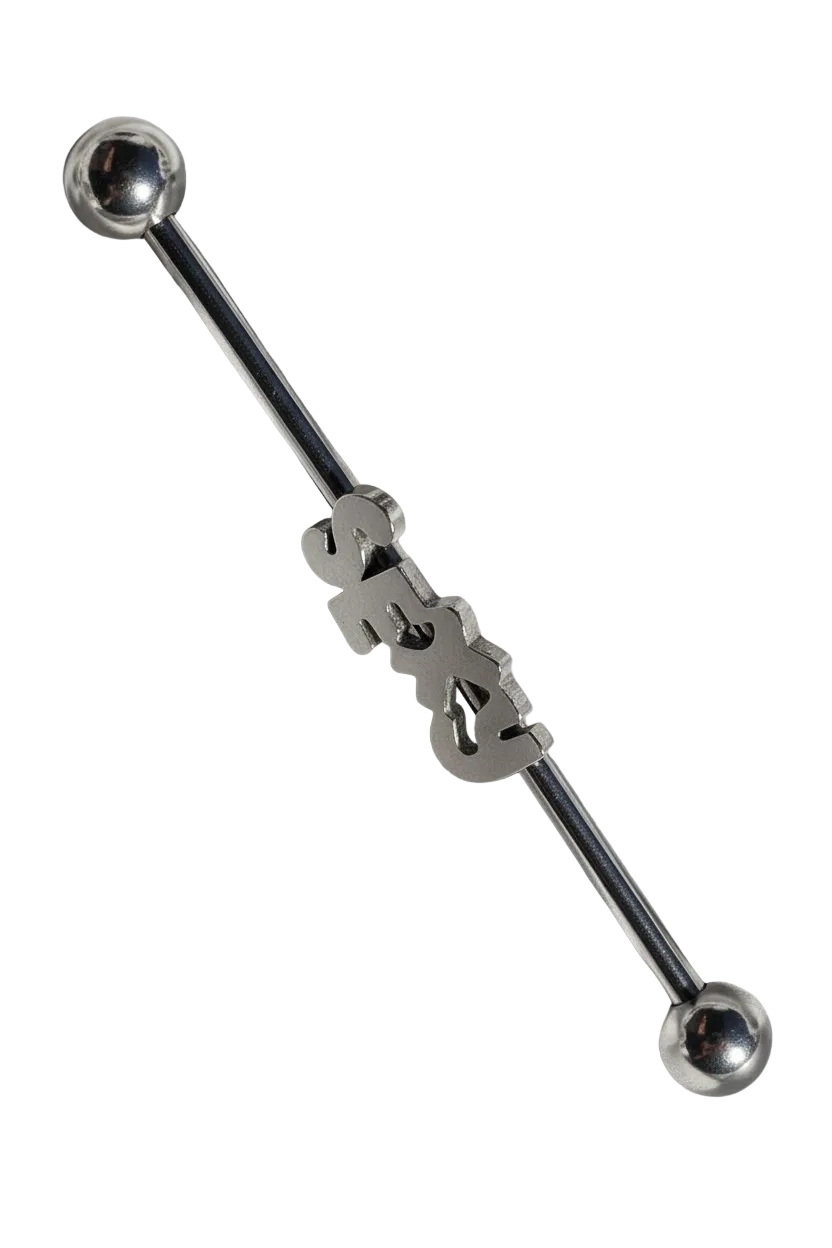 "Sexy" Industrial Ear Barbell in 316l stainless steel left facing angled view