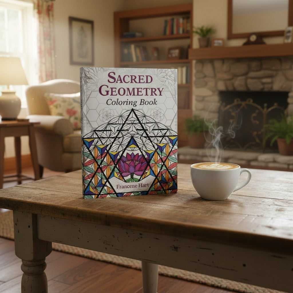 Sacred Geometry Symbols Mentally Relaxing Adult Coloring Book on a wooden table  sitting next to a cup of coffee and art supplies in a cozy living room setting.