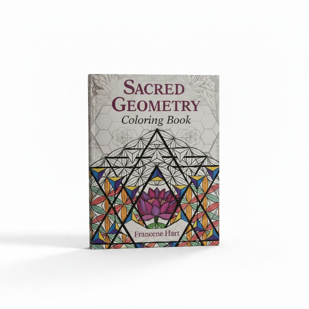 Sacred Geometry Symbols Mentally Relaxing Adult Coloring Book on a white background showing front cover design in close up detail.