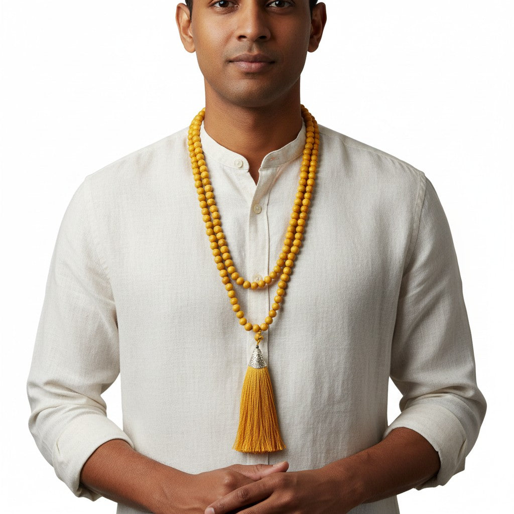 Sandalwood Bead Mala with Gold Silk Tassel around the neck of an East Indian male model worn as a necklace.