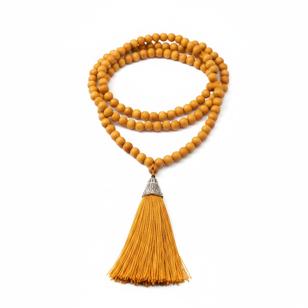Sandalwood Bead Mala with Gold Silk Tassel on a white background showing bead and tassel detail.