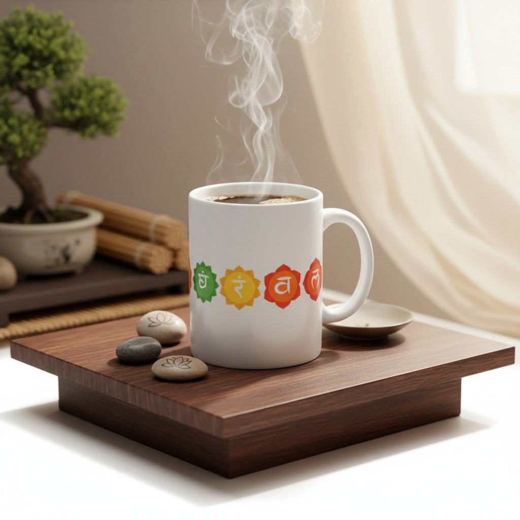 Seven Chakra Symbols White Ceramic Spiritual Coffee Mug on a small wooden platform in an Oriental sacred space showing right side design detail filled with coffee and vapor rising from the cup.