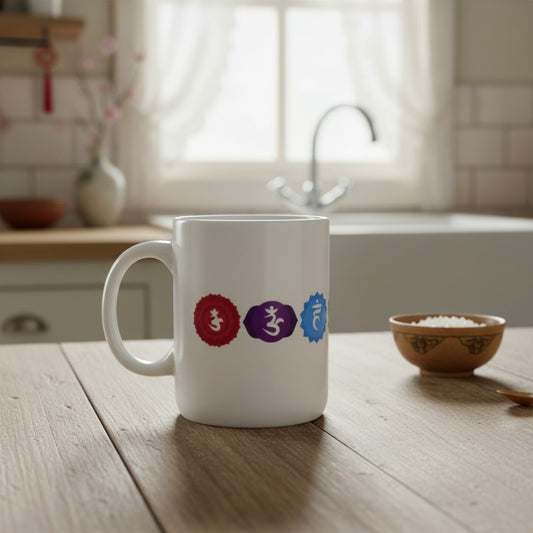 Seven Chakra Symbols White Ceramic Spiritual Coffee Mug on a wooden table in a country cottage kitchen showing left side design detail.