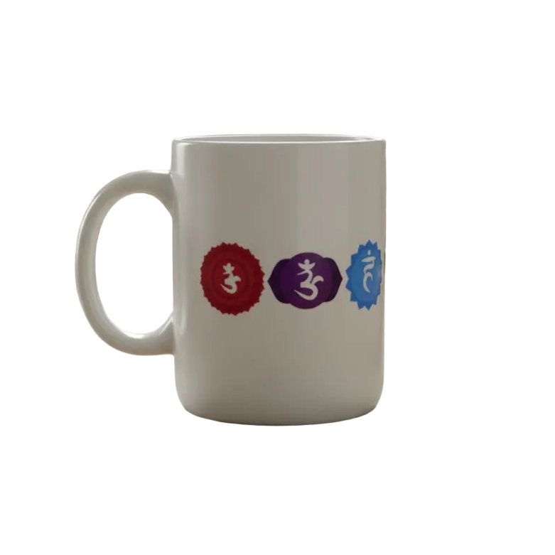 Seven Chakra Symbols White Ceramic Spiritual Coffee Mug on a white background showing close up left side design detail.