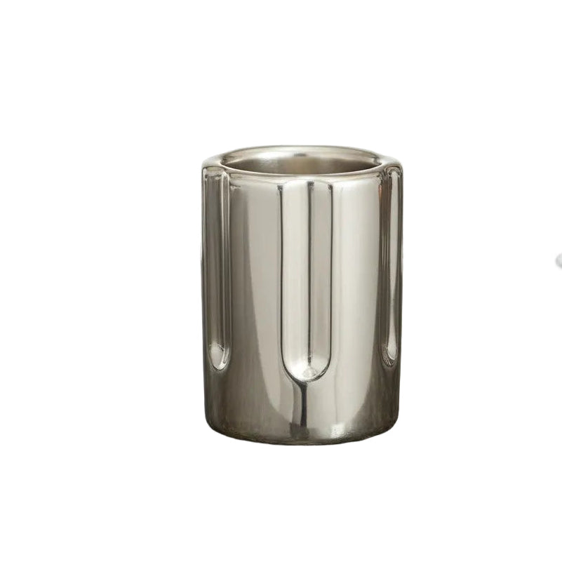 Silver Gunmetal Revolver Style Ceramic Novelty Shot Glass on a white  background showing close up design detail.