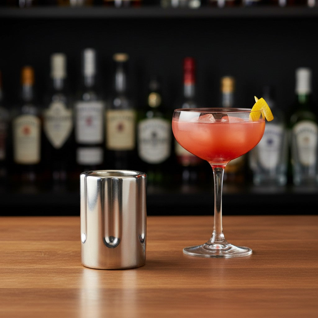 Silver Gunmetal Revolver Style Ceramic Novelty Shot Glass on a wooden counter next to a pink citrus cocktail in a bar setting.