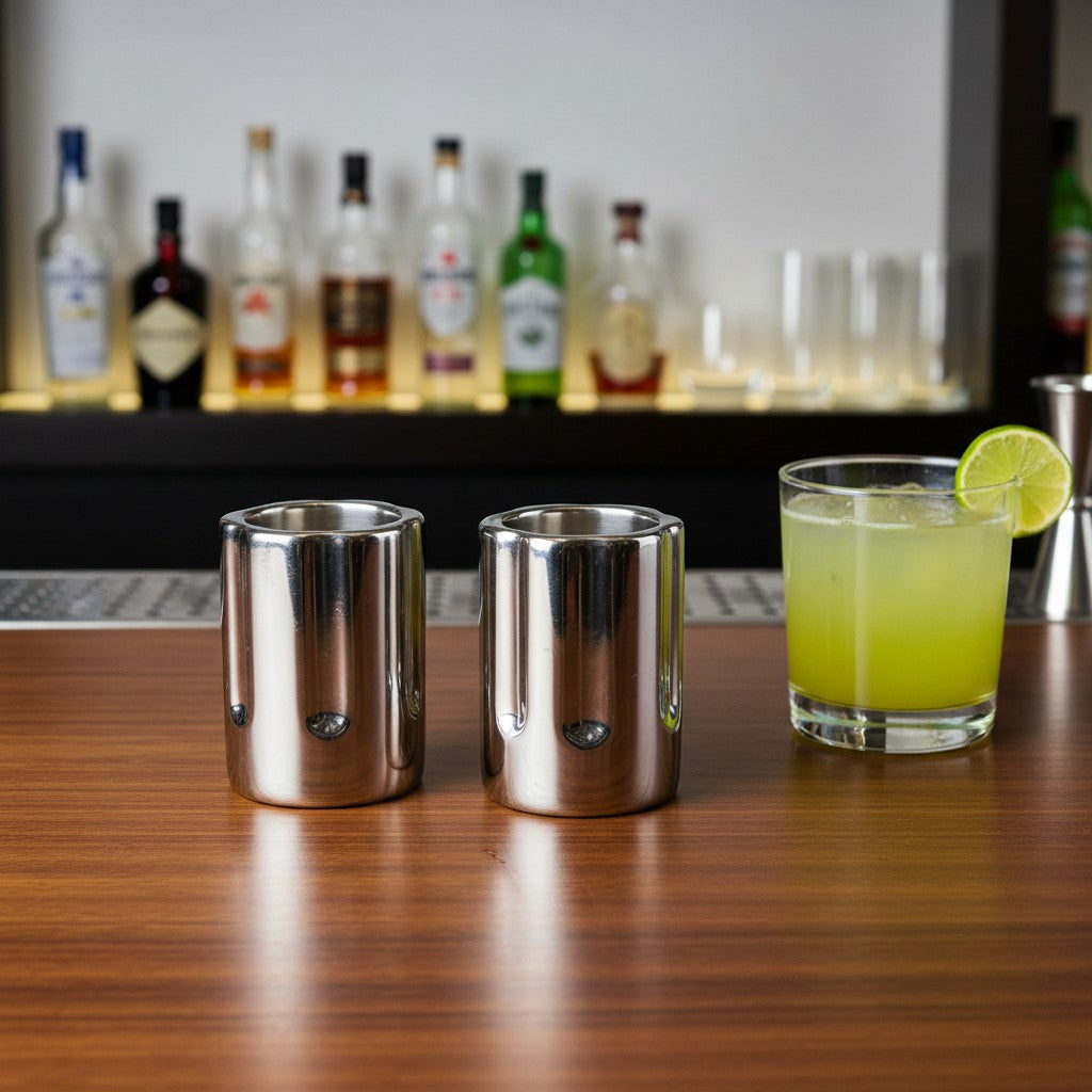 Silver Gunmetal Revolver Style Ceramic Novelty Shot Glass Set on a wooden counter next to a green citrus cocktail in a bar setting.