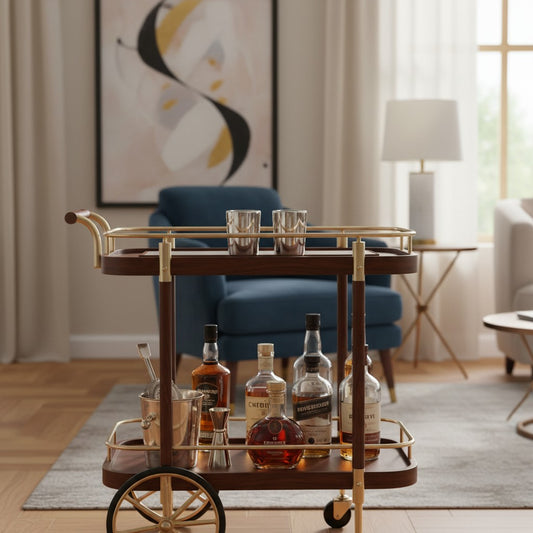 Silver Gunmetal Revolver Style Ceramic Novelty Shot Glass Set on a wooden bar cart in a living room.
