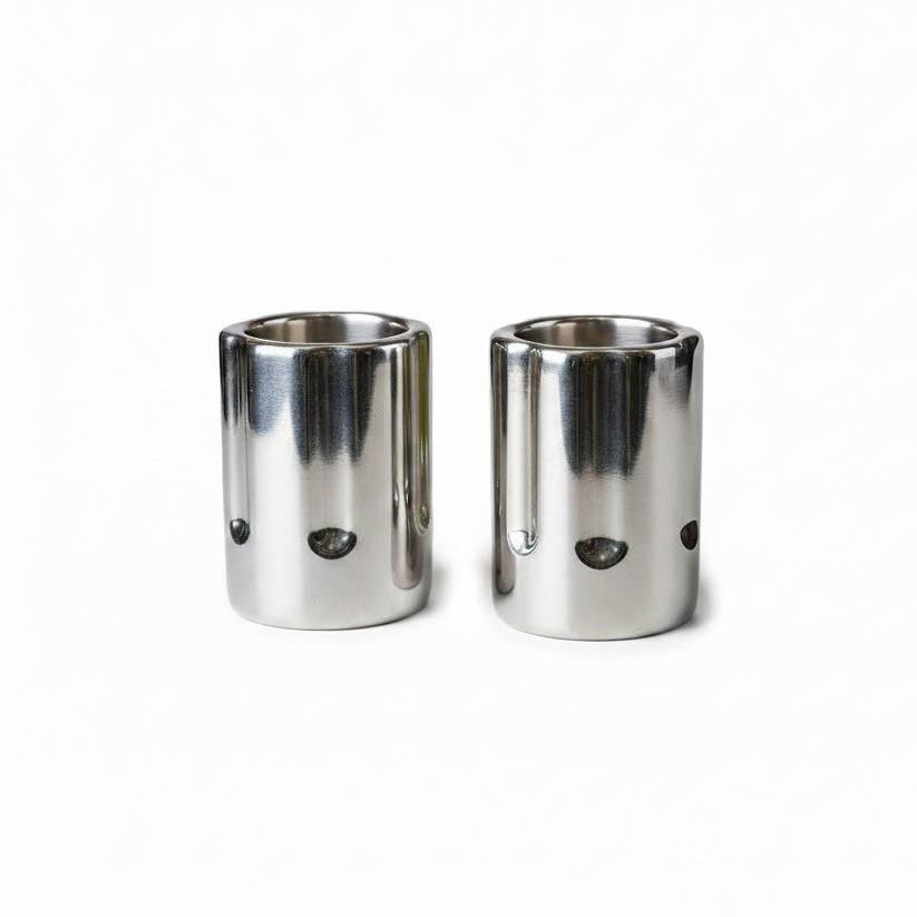 Silver Gunmetal Revolver Style Ceramic Novelty Shot Glass Set on a white background showing close up design detail.