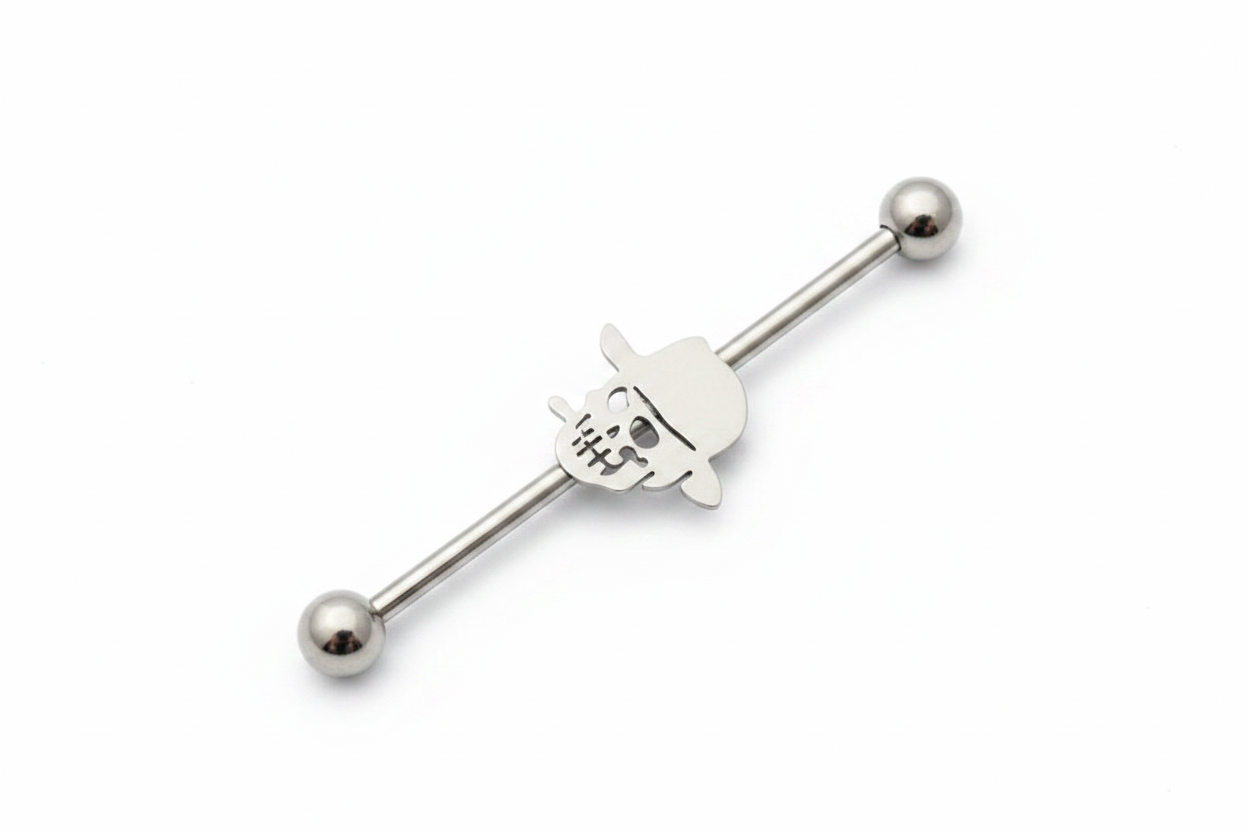 Skull Head Industrial Ear Barbell in 316l stainless steel close up detail