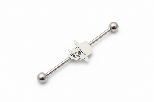 Skull Head Industrial Ear Barbell in 316l stainless steel close up detail