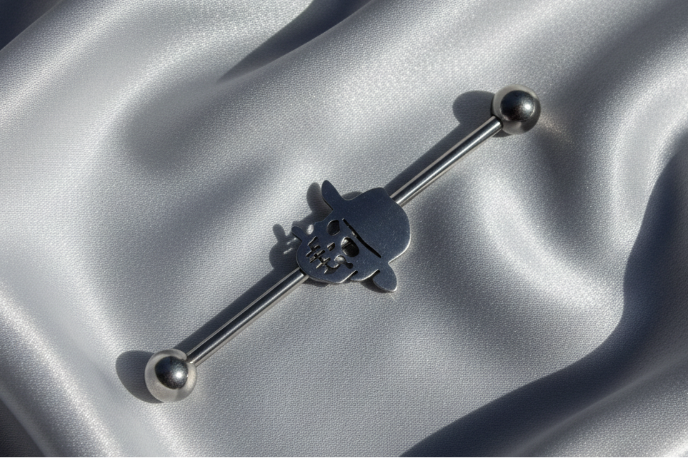 Skull Head Industrial Ear Barbell in 316l stainless steel 